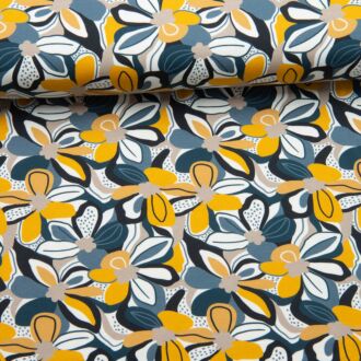 Blumenmalerei Jersey blau/senf
